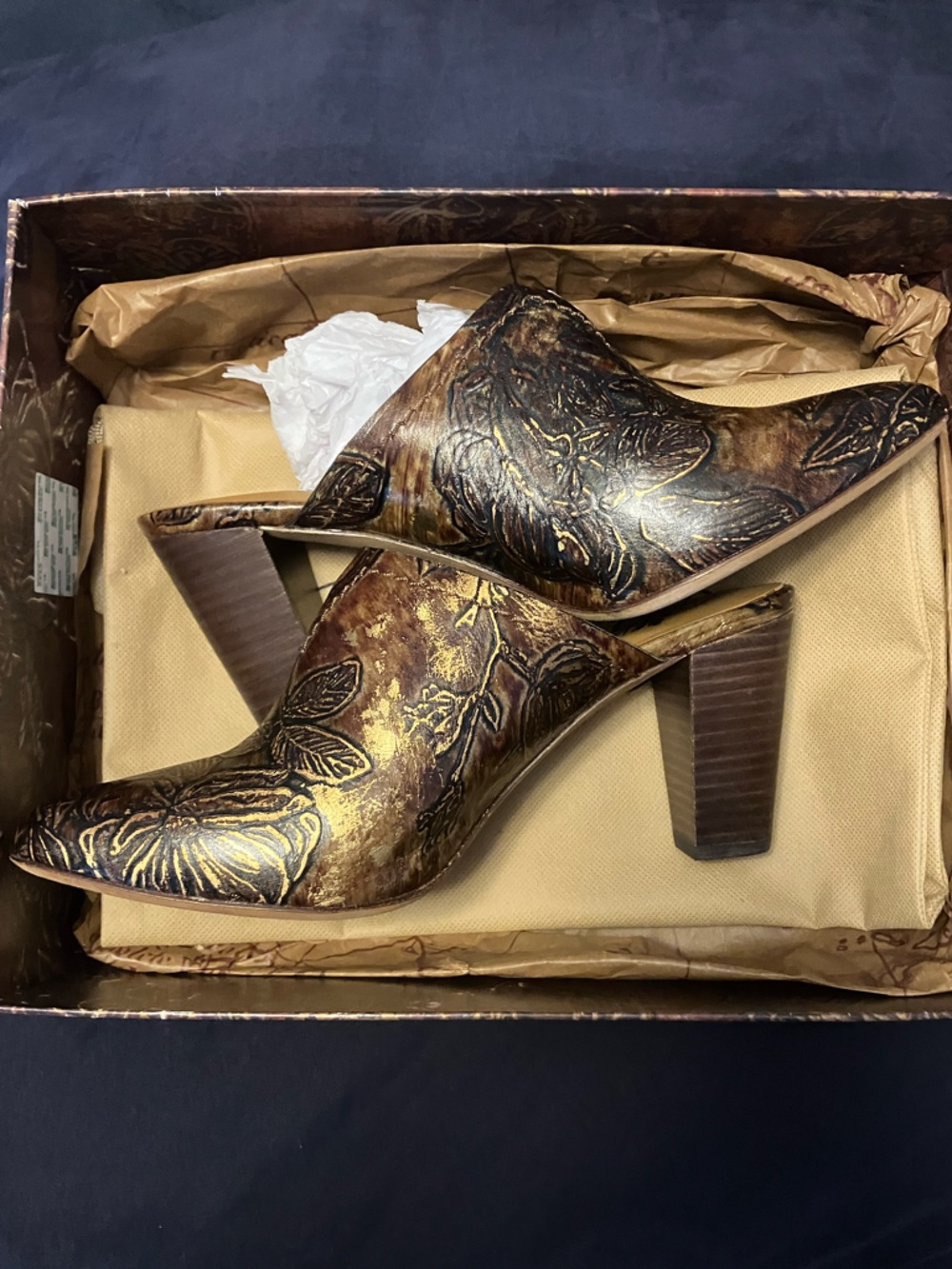 Patricia Nash Women’s Chocolate Gold Floral Embossed Leather Block Heel Shoe